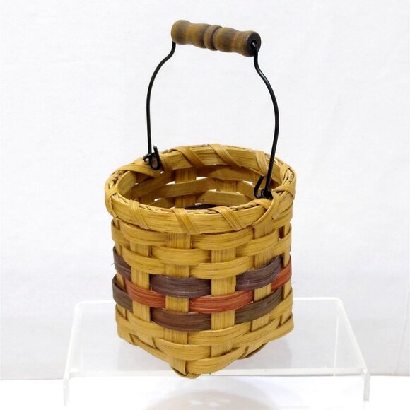 Amish Handcrafted Miniature Woven Basket With Wooden Handle Multicolor Bands EUC - Picture 1 of 9
